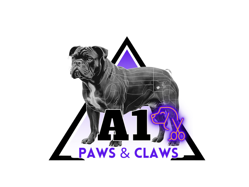 A1 Paws & Claws logo: a bulldog in front of a lavender triangle