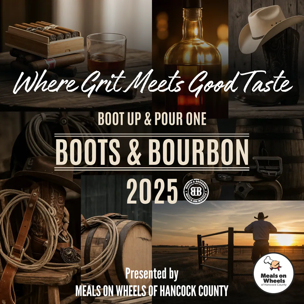 Boots & Bourbon 2025 event poster for Meals on Wheels of Hancock County