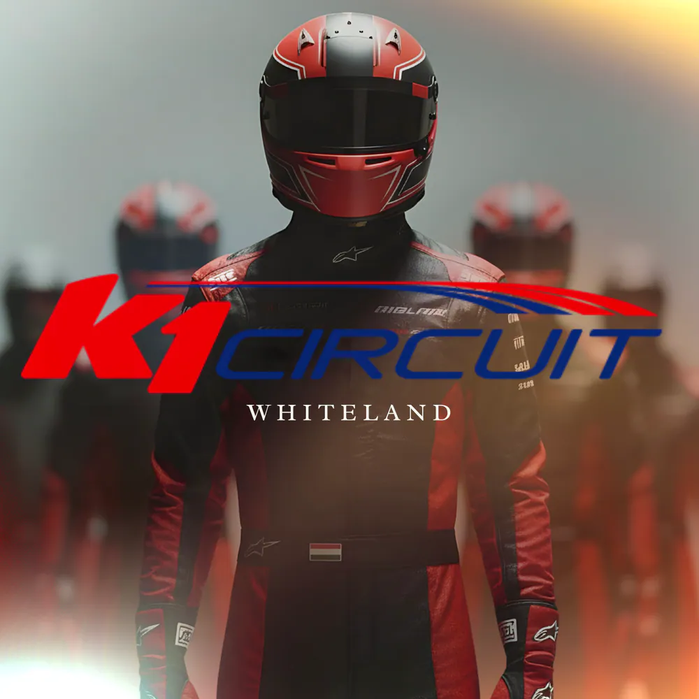K1 Circuit Whiteland ad featuring a racer in a red helmet