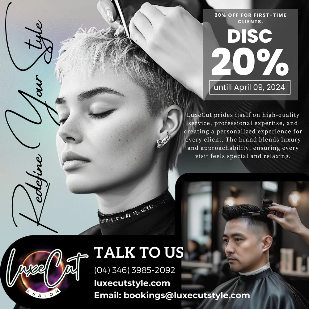 LuxeCut salon promotional ad with a 20% first-visit offer