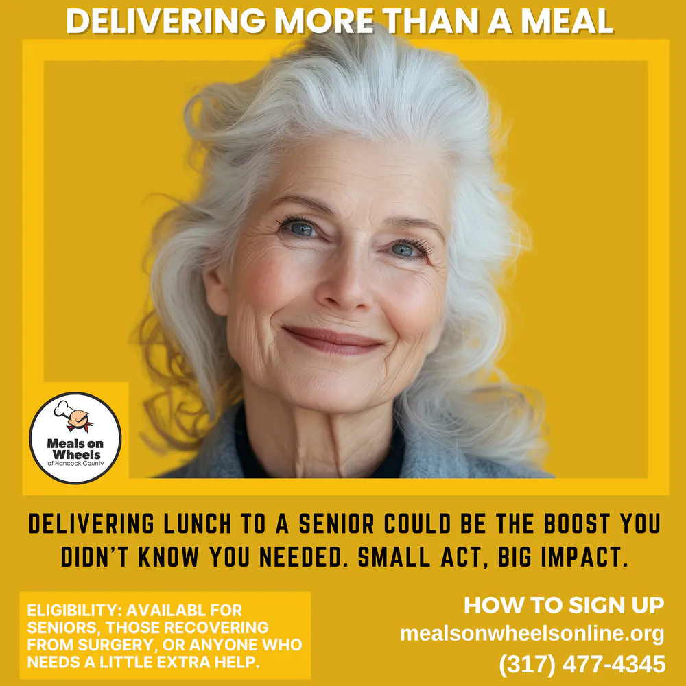 Meals on Wheels advertisement: smiling senior woman on a yellow background