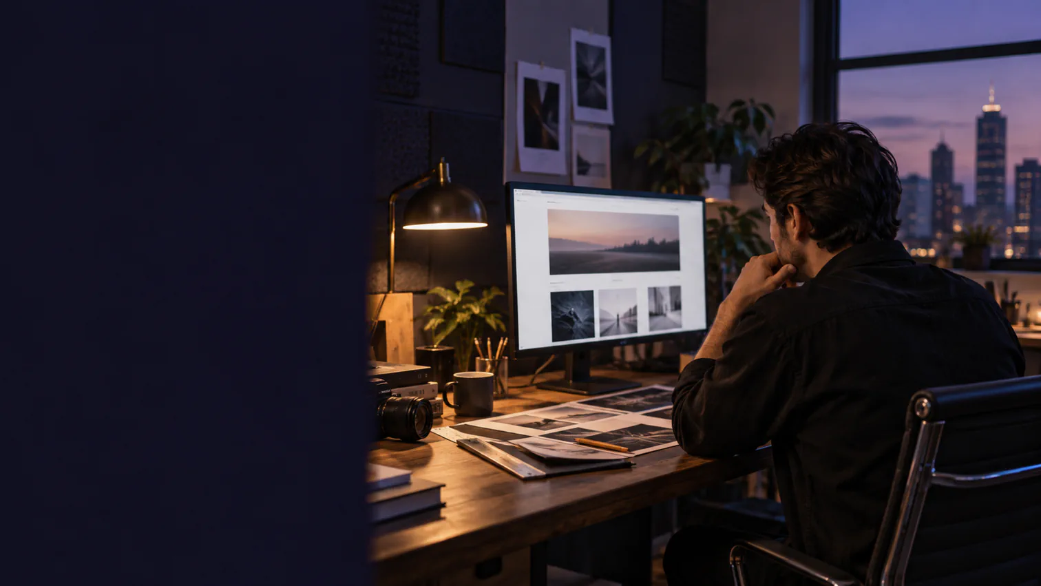 An independent creative director works at a website and design studio after dusk.
