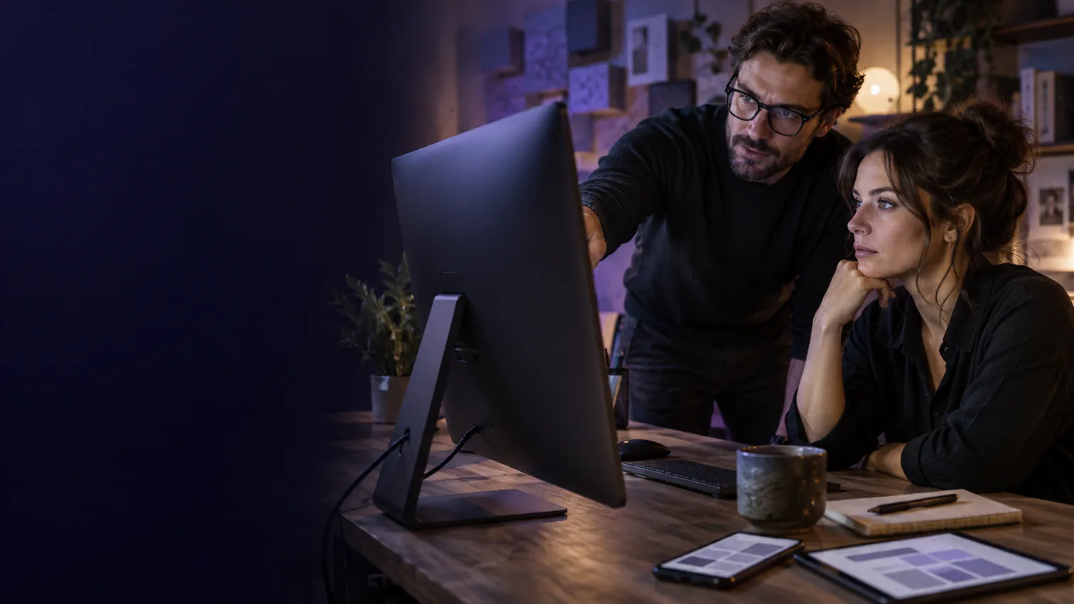 A business owner and web designer review a responsive website in a professional studio.