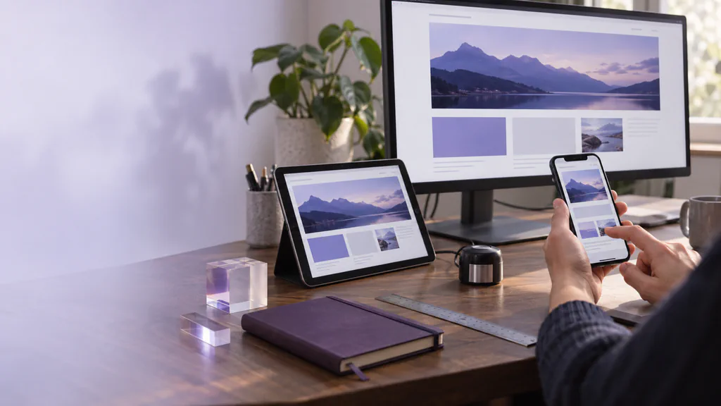 A website is tested across a desktop monitor, tablet and phone.