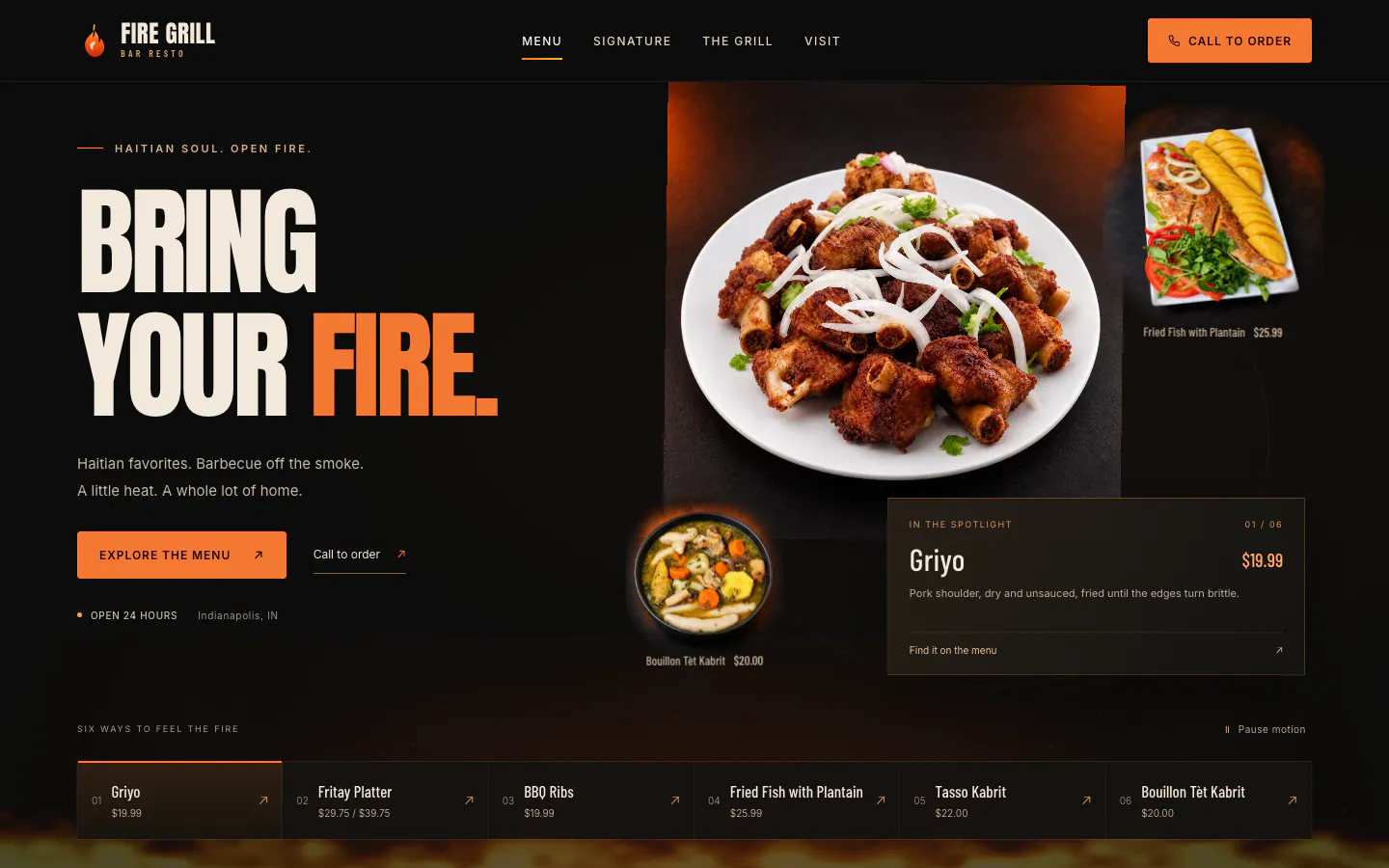 The menu page: a spotlight dish, prices and six quick links.