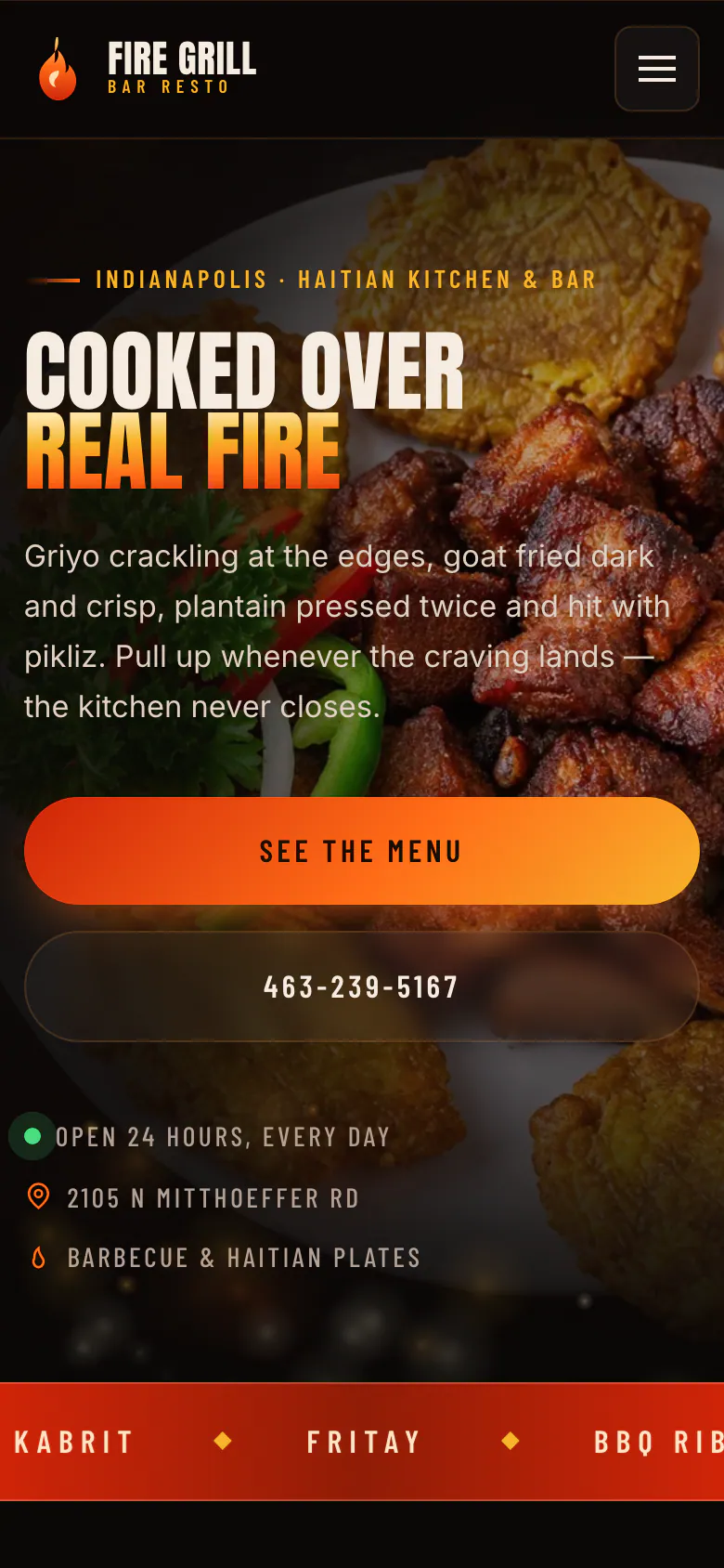 Fire Grill Bar Resto homepage on a phone