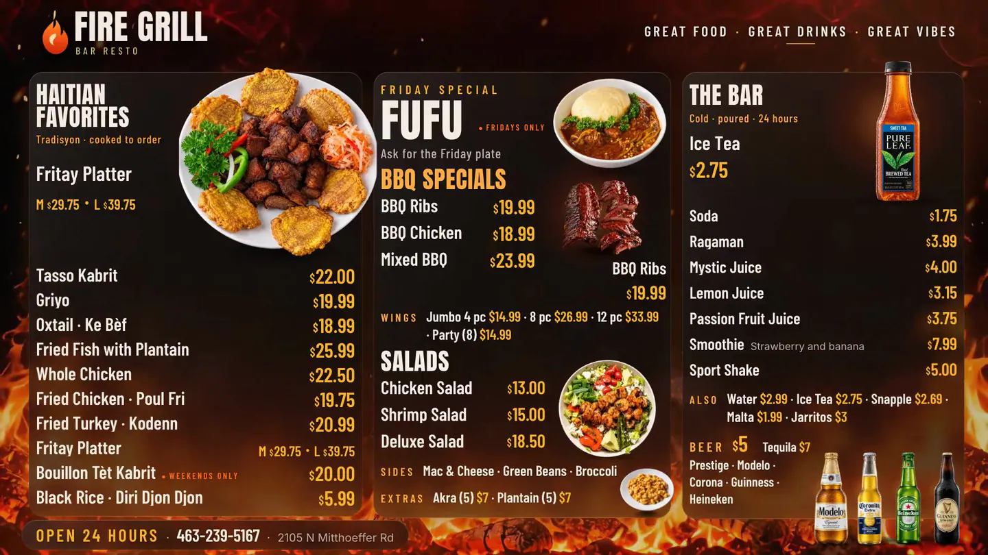 Fire Grill Bar Resto digital menu board: Haitian favorites, Friday fufu special, BBQ, salads and the bar, with prices, over a live fire background