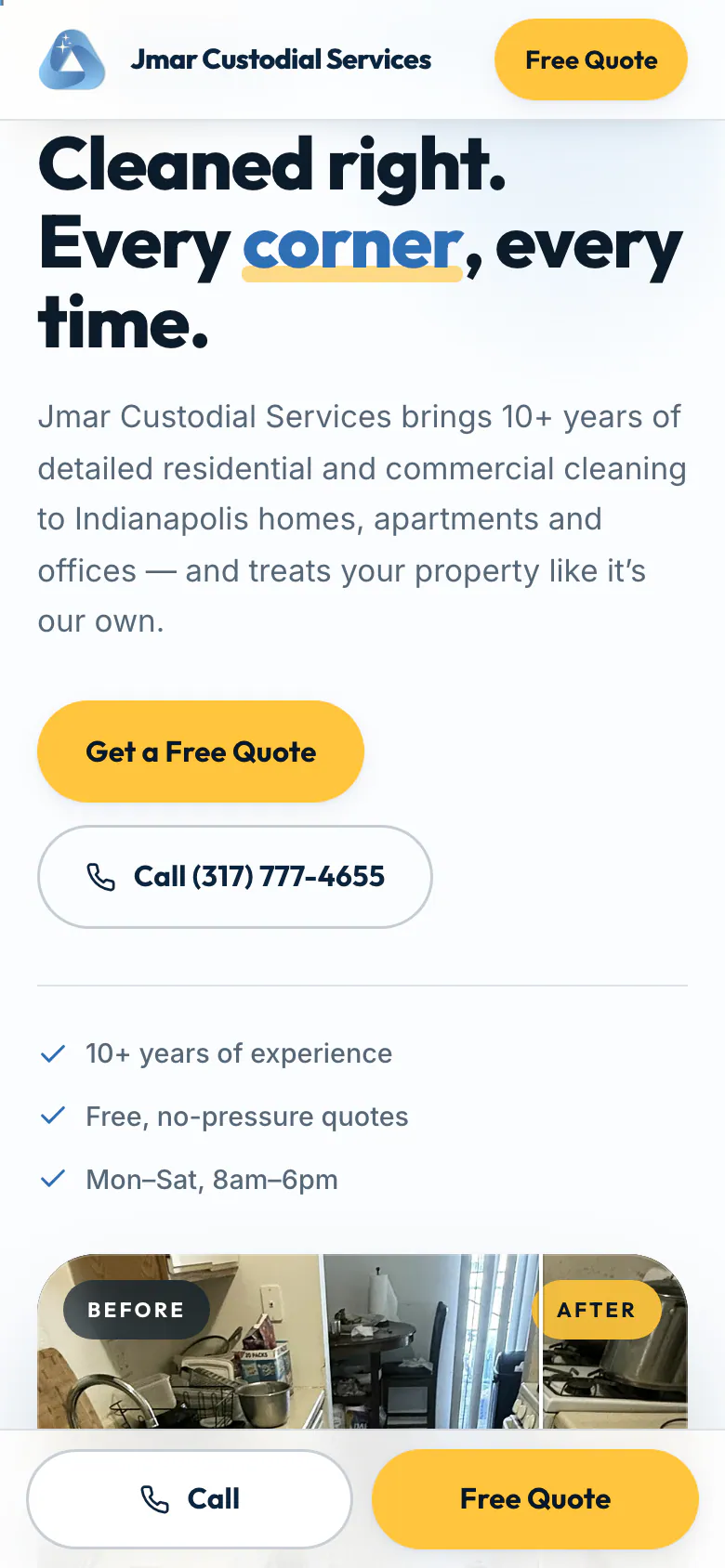 Jmar Custodial Services homepage on a phone