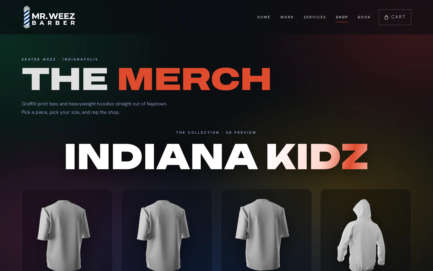 The merch store: the Indiana Kidz collection with 3D previews.